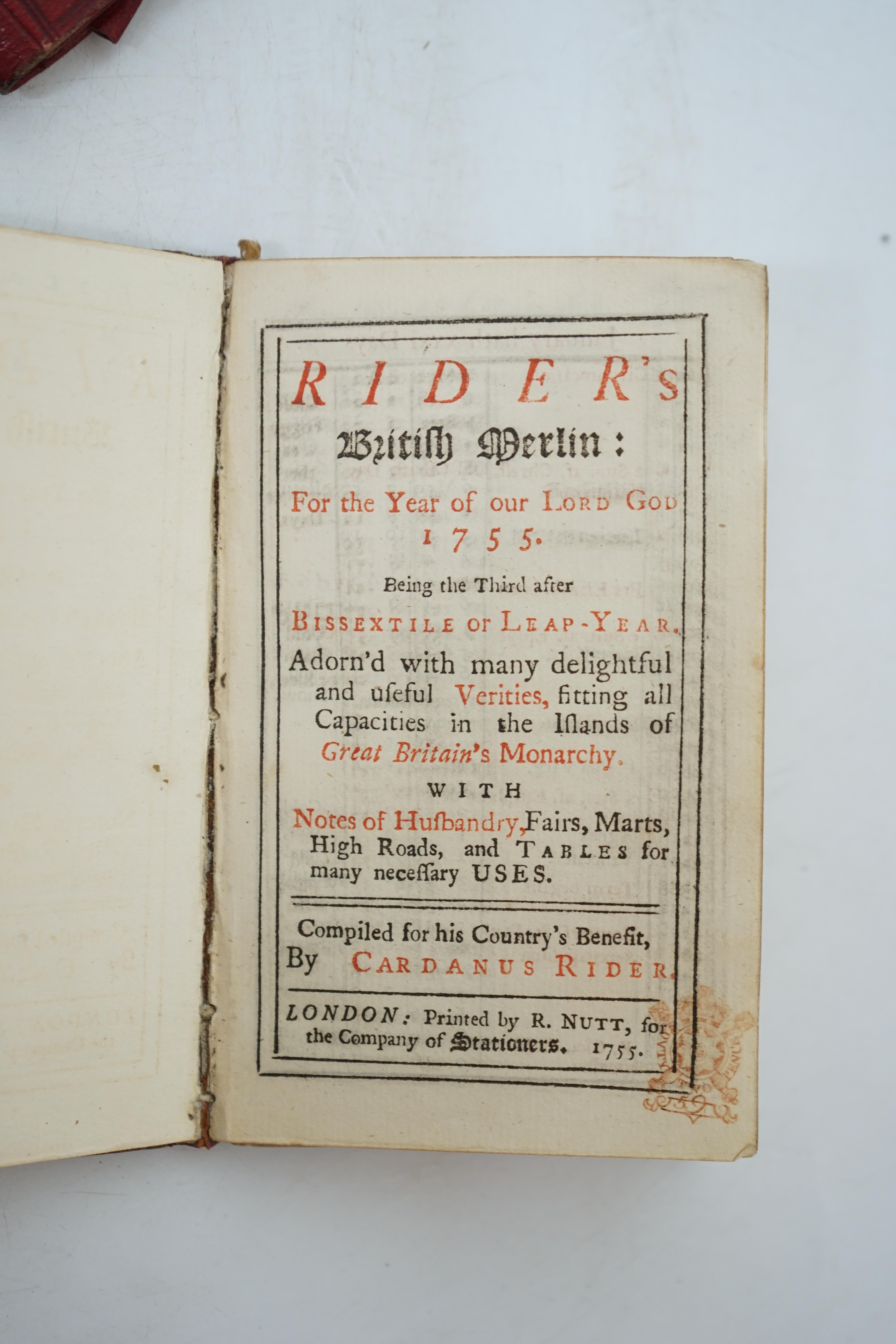 Rider, Cardanus [Richard Saunders] - Rider’s British Merlin: For the Year of our Lord God 1755, 72 unpaginated pages, 12mo, gilt tooled red morocco with floral engraved silver bosses, two each cover, together with a mid